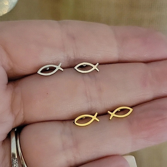 Ichthys Jesus Fish Stud Earrings, Choice of Color - Picture 1 of 7